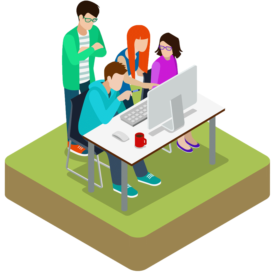 Team at computer illustration